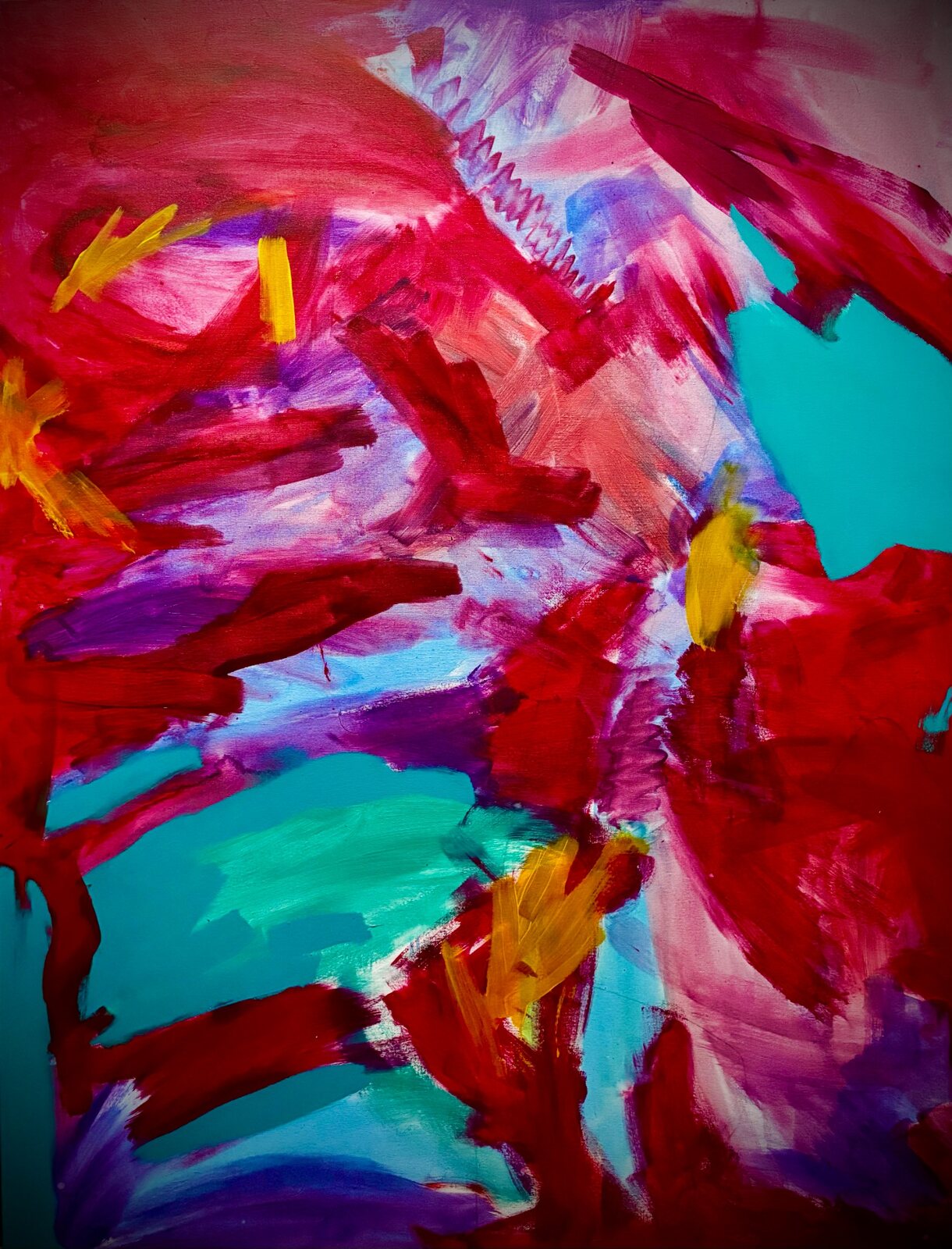 Magenta, turquoise and yellow brushwork on canvas
